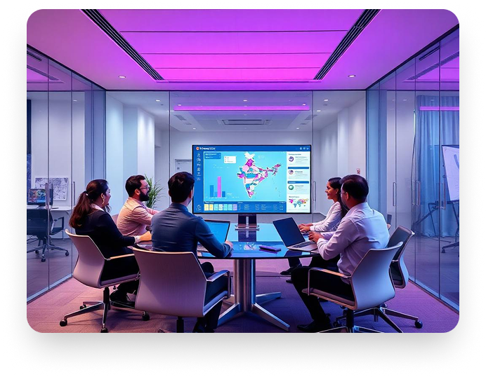 Diverse GCC team collaborating around an India hiring dashboard